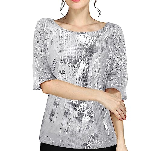 Damen Glitzer Shirt Kurzarm Oberteile Schön Glänzend Pailletten Tops Tshirt Elegant Festlich Damenbluse Mode Abend Party Wedding Glitzertop Bluse von callmo