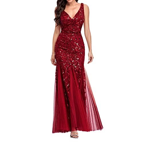 Damen Kleider Elegant Kleid Damen Partykleid Kleider V-Ausschnitt Chiffon Abendkleider Langarm A-Linien Abendkleid Frauen Festliches Elegant Cocktailkleid Club Oberteile Freizeitkleid von callmo