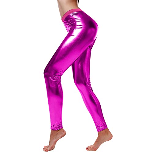 Damen Metallic Leggins Silber Metallic Damen Glänzende Hose 80er mit Hoher Taille Shiny Leggings Party Tanz Disco Kostüm Karneval Space Kostüm Metallischer Hosen Silber Gold Goldene Leggings von callmo