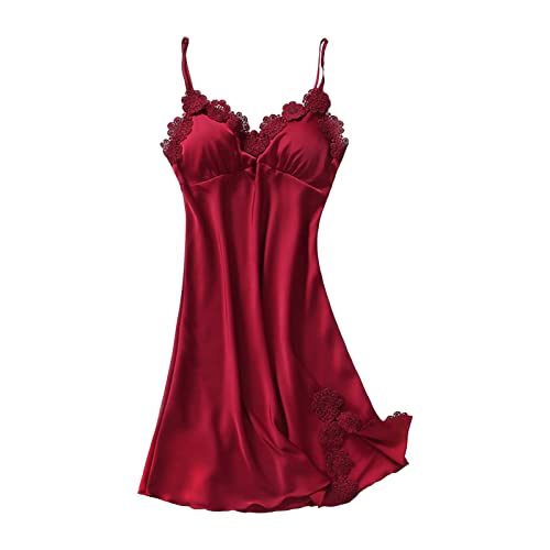 Damen Nachthemden Langarm Damen Nachthemd Satin Sexy Kurz Satin V-Ausschnitt Negligee Nachtkleid Sommer Nachtwäsche Frau Sleepwear mit Verstellbare Träger Dessous Slips Schlafkleid Kostüme Trägerkleid von callmo