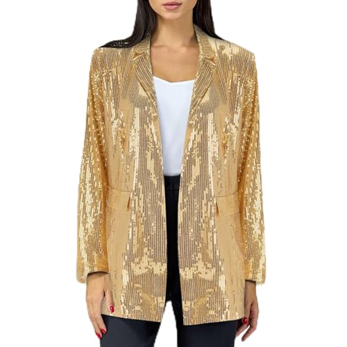 Damen Pailletten Blazer mit Glitzer Langarm Rave Jacken Blazer Sakko Pailletten Jacke Lässig Langarm Glänzend Metallic Glitzer Arbeitsjacke Bomberjacker Mantel Party Baseball Jacke Bikerjacke von callmo