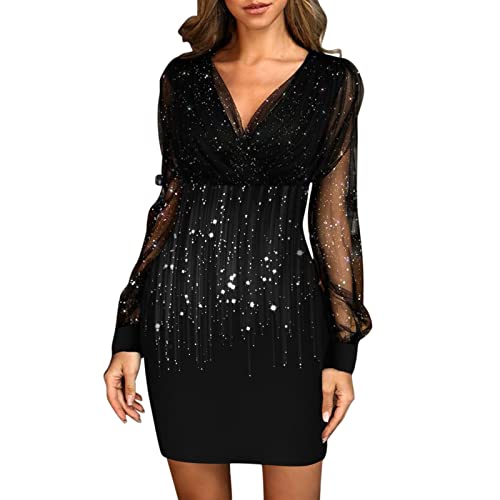 Damen Pailletten Kleider Langarm V-Ausschnitt Partykleid mit Glitzer Abendkleid Sexy Bodycon Party Minikleid Knielang Paillettenkleid Festliches Elegant Cocktailkleid A-Linien Ballkleid von callmo