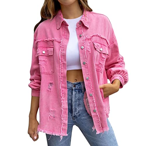 Denim Jacket Damen,Damen Kurzarm Jeansjacke Lässige Einfarbige Vintage Kurzjacke Oberbekleidung Modische Ausgefranste, Gewaschene Geknöpfte Jeansjacke, Übergroße, Ausgefranste Saum Shacket Langarmtas von callmo