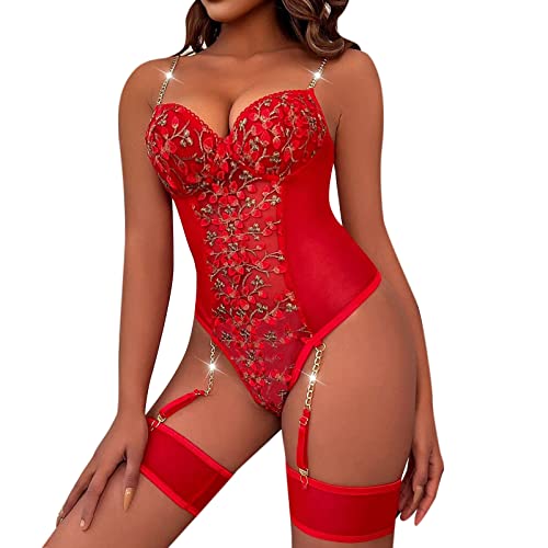 Dessous Damen Sexy UnterwäSche Weihnachten Damen Dessous Spitze Negligee V-Ausschnitt Unterwäsche Rüschen Halter Babydoll Neckholder Semi-Transparente Lingerie Vorne Offene Babydoll Set Nachtwäsche von callmo