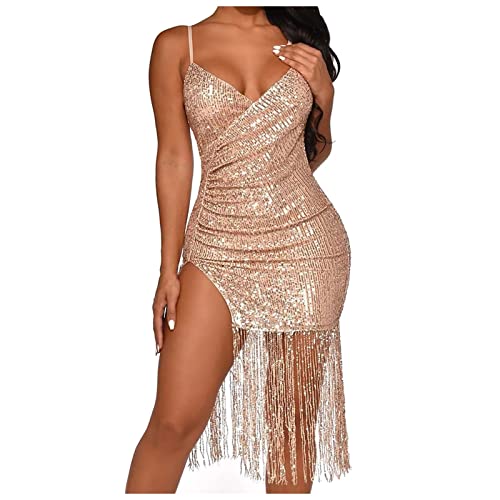 Fransenkleid,Damen Sexy Ärmellos Quaste Bodycon Mini Tanzkleid Pailletten Latin Tanz Ballsaal Kleider Club Outfits Paillettenkleid mit Quasten Sommer Fransenkleid Glitzer Kleid Rückenfrei Glitzerklei von callmo