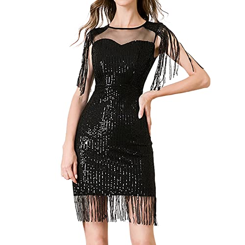 Fransenkleid Damen Kurz,Damen Kleid Neckholder Quaste 1920er Fransenkleid Mit Halter Great Gatsby Cocotail Party Flapper Kleider Fasching Fransen Kostüm 1920s V Ausschnitt Ärmellos Sexy Transparent T von callmo