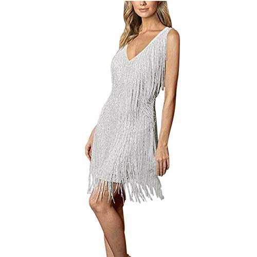 Gatsby Kleid Damen,Pailletten Kleid Damen Sexy Perlen Fransen Performance Kostümsets Neckholder Weste + Minirock Club Anzug Rave Party Dance Funkelnde Festivalkleidung Boho Hüftschal Quasten Bauch La von callmo