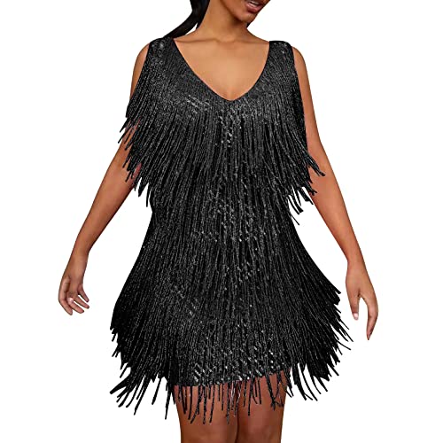 Glitzer Kleid Damen Party Fransenkleider Glitzer 20er Jahre Kleider Ballkleid Kurz Eng Glitzerkleid 1920er Fransenkleid mit Träger Sexy Schulterfrei Partykleid Elegant Tanzkleid Sexy Wickelkleider von callmo