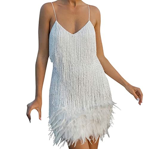 Glitzerkleid,Pailletten Kleid Damen Sexy Perlen Fransen Performance Kostümsets Neckholder Weste + Minirock Club Anzug Rave Party Dance Funkelnde Festivalkleidung Boho Hüftschal Quasten Bauch Latein G von callmo