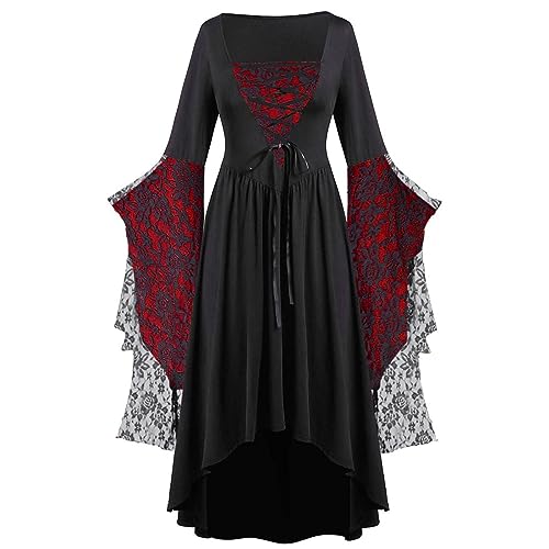 Halloween Kleid Mädchen Damen Retro Mittelalter Kleid mit Trompetenärmel, Mittelalterliche Viktorianischen Königin Kleider Renaissance Gotisch Maxikleid Karneval Halloween Party Prinzessin Kostüm von callmo