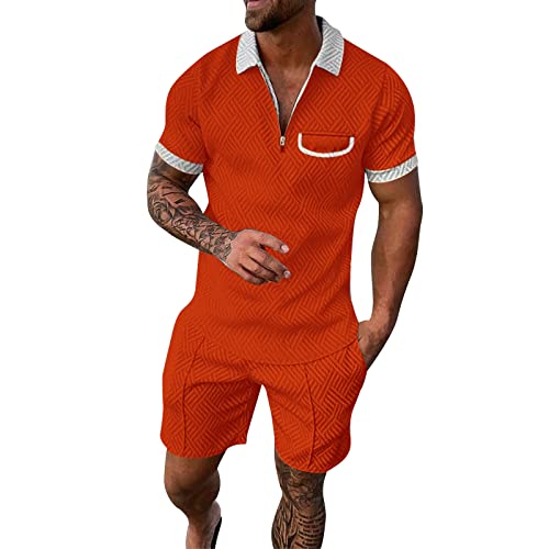 Herren Sommer Outfit Set Trainingsanzug für Herren Sommer Sportanzug 2 Teiliges Outfit Sport Set Kurzarm T-Shirts + Kurze Hose Sets Freizeitanzug Männer Business Polo Hemd mit Revers Sporthose Joggin von callmo