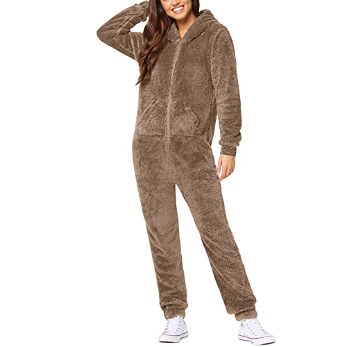 Jumpsuit Damen Hausanzug Kuschelig Winter Fluffy Pyjama Teddy Fleece Schlafanzug Overall Einteiler Plüsch Ganzkörperanzug Große Größen Hosenanzug Flauschig Schlafoverall 3D Halloween Kostüm Cosplay von callmo