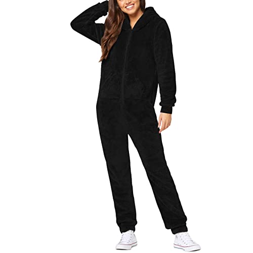 Jumpsuit Damen Winter Overall Teddy Fleece Einteiler Onesie Warm Elegant Schlafanzug Kuschelig Lang Pyjama Flauschig Weich Hausanzug mit Kapuze Reißverschluss Schlafoverall Lässig Homewear von callmo