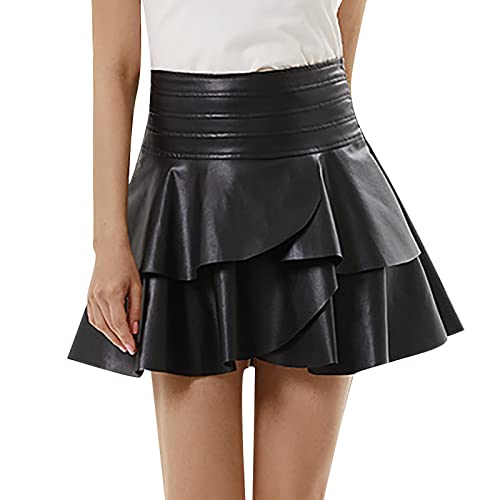 Kostüm Damen Fasching Damen Lederröcke Nietendekor Hohe Taille Minirock A Line Slit Mini PU Rock Streetwear Frauen Hemdverlängerung 50er Mini Rock Damen Lack Leder Faltenrock Wetlook Minirock Shiny Me von callmo