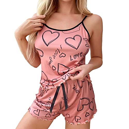 Loungewear Damen Set Damen Satin Schlafanzug Set Polka Dots Schlafhose Short Sets Hosensets Träger Schlafshirt mit Spitzen Satin Pyjama Damen Kurz Schlafanzug mit Knopf Frauen Seide Nachtwäsche V-Aus von callmo