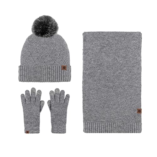 Mutze Schal Set Damen Grau, Winter Beanie Hut, Schal, Touchscreen Handschuhe 3 in 1 Warmes Zubehör Kit, Weiches Fleece Innenfutter Tolles Warm, Stretchy Strick Beanie Cap, Elastischer Nackenwärmer von callmo