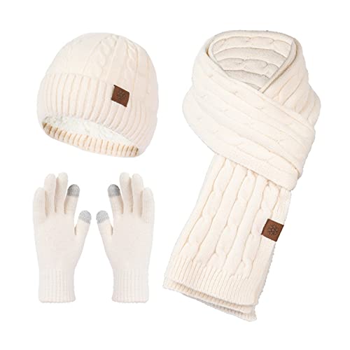 Mutze Schal Set Damen Rot, Damen Mütze Schal Set Stricken Handschuhe Winter Baretts Fleece Baskenmütze Langer Schal Warm Knit Touchscreen-Handschuhe Gestrickte Beanie Outdoor von callmo