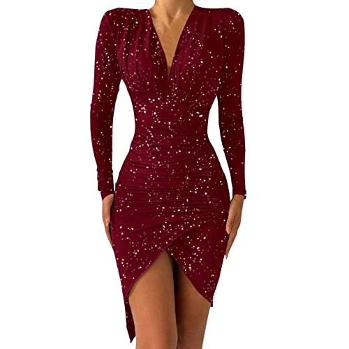 Pailettenkleider Für Damen, Damen Elegantes Pailletten Kleid Abendkleid für Frau Langarm V-Ausschnitt Figurbetonte Pailletten Kleid Plissee Taille Cocktailkleid Festliches Kleid von callmo