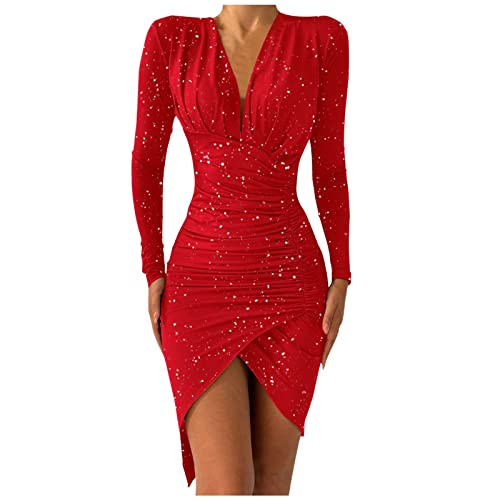 Pailettenkleider Für Damen, Kleid Damen Langarm Blazerkleid Vintage V-Ausschnitt Sparkly Glitzer Neujahr BüRokleid Elegant Businesskleid Festlich Abendkleid Silvester Figurbetonte Knielang Party von callmo