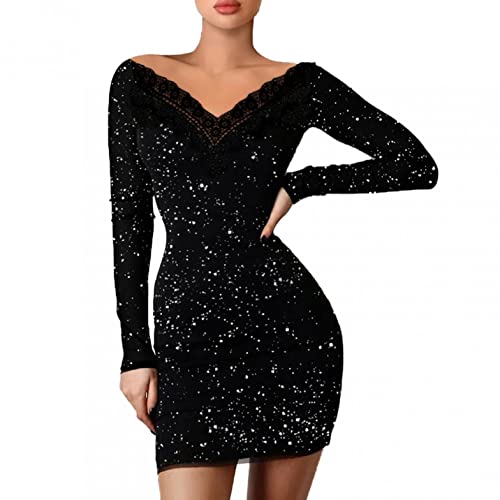 Pailettenkleider Für Damen, Kleid Damen Langarm Blazerkleid Vintage V-Ausschnitt Sparkly Glitzer Neujahr BüRokleid Elegant Businesskleid Festlich Abendkleid Silvester Figurbetonte Knielang Party von callmo