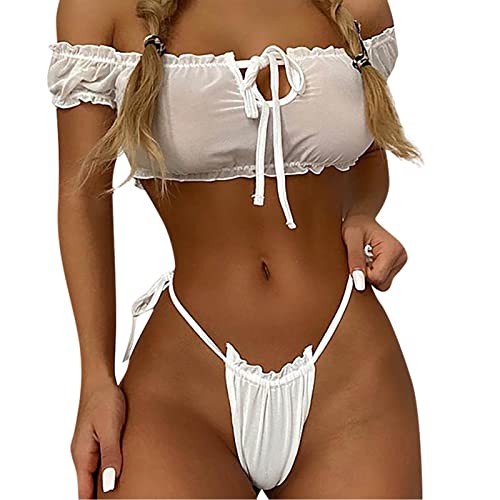 Sexy Desouses Frauen Damen Dessous Spitze Negligee Unterwäsche Rüschen Halter Babydoll Neckholder Semi-Transparente Lingerie Vorne Offene Babydoll Set Nachtwäsche Sexy von callmo