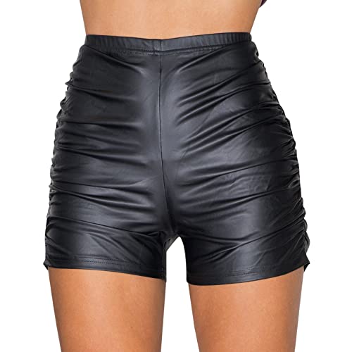 Shorts Damen Damen Sexy Leder Shorts Glanz Taille PU Lederoptik Kurze Hose Lederimitat Kunstlederhose Metallic Hotpants Glänzende Shorts mit Hoher Taille Tanz Disco Kostüm Fasching Karneval von callmo