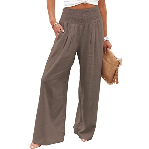 Sommer Leinenhose Damen Leichte Weite Hose Boho Sommerhose Hohe Taille Bequem Stoffhose Casual Einfarbig Freizeithose Baumwolle Leinen Palazzo Hosen mit Taschen Sporthose Frauen von callmo