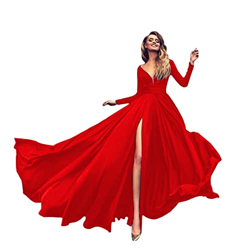 Sommerkleid Damen Damen Cocktailkleid Abendkleid V-Ausschnitt Elegant Spitzenkleid mit Schlitz Rüschenkleid Brautjungfernkleid Partykleid von callmo