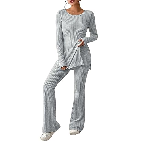callmo Strickanzug Damen 2 Stück Hausanzug Damen Kuschelig Langarm Gestreift Strickpullover Mit Schlitz Und Lange Jogginghose Zweiteilige Jogginganzug Damen Warm Winter Einfarbig Freizeitanzug von callmo