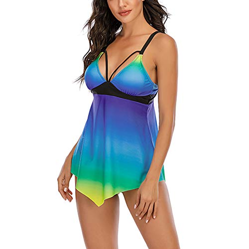 Tankini Damen Damen 2 Piece Tankini Set Strap Print Badeanzug Tank Top Bikini Swimsuits mit Short Tiefer V Ausschnitt Sportlich Spaghettiträger Push Up Crossover Badeanzug von callmo