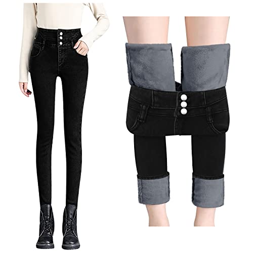 Thermo Strumpfhose Hautfarben Damen Winter Jeans Fleece Gefütterte Denim Leggings High Waist Slim Fit Dicke Warm Plüsch Jeggings Große Größen Thermojeans Thermohose Jeanshosen für Frauen Teenager von callmo