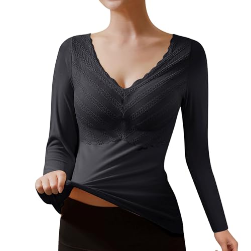 Thermounterwäsche Winter Thermo Unterwäsche Langarm Thermo Langarmshirt Winter Damen Pullover Oberteile Thermowäsche Unterhemd V-Ausschnitt Innenfleece Tshirt Pullover Oberteile Thermo Shirt von callmo
