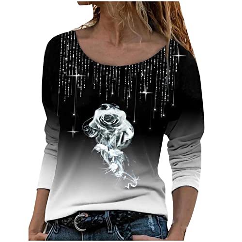 Tshirt Damen Schwarz, Damen Spitze Bluse Schulterfrei Langarmshirt Oberteile Tops Sexy Longshirt Elegant Sweatshirt Diamant Glitzer Druck Langarm Shirt Pullover Mode Schlank Tunika Shirts Herbst von callmo