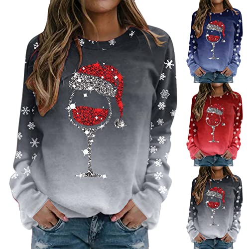 Weihnachtspullover Damen Sweatshirt Rundhals Weihnachtspulli Pullover Elegant Langarm Weihnachten Pullover Damen Rot Weinglas Druck Weihnachts Pullis Casual Christmas Sweat Oberteile Tops von callmo