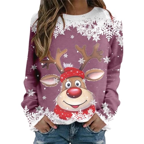 Weihnachtspullover Damen Ugly Elch Gedruckt Weihnachtspulli Langarm Weihnachten Pullover Rundhals Christmas Sweatshirt Weihnachts Langarmshirt Herbst Winter Dünne Pulli Festliche Oberteile von callmo