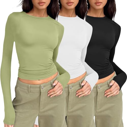 callmo 3er Pack Langarmshirt Tunika Damen Langarmshirt Damen Eng Y2k Skims Dupe Basic Crop Top Slim Fit Oberteile Y2K Klamotten Outfit Y2K Clothes Rundhals Teenager Mädchen Streetwear Aesthetic von callmo