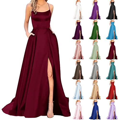 callmo Abendkleider Abendkleid Lang Satin mit Taschen Schlitz Ballkleid Abendkleider Backless Ärmellos A-Linie Cocktailkleid Elegant Abiballkleider Partykleid Große Größen Hochzeitskleider Prom Dress von callmo