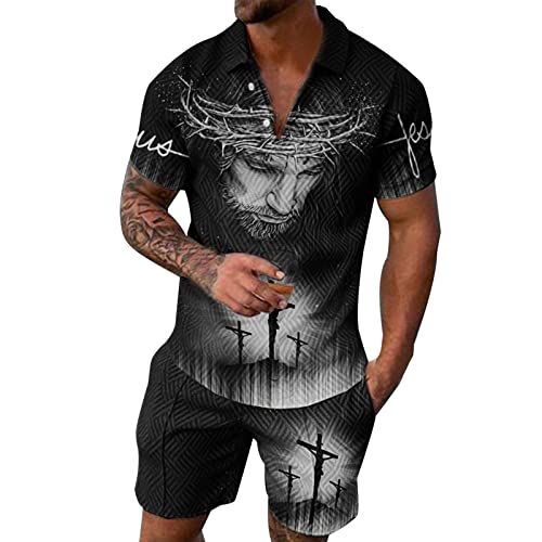 callmo Anzug Herren Schnell trocknende 3D-Kurzarm-Anzugshorts für Herren Strand Tropical HawaiianSS Body Sportshorts Anzug Sportanzug Herren Anzug Schalkragen von callmo