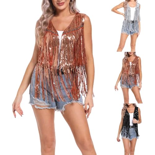 callmo Damen Faux Wildleder Cowboy Ärmellos Weste Cardigan mit Fransen, Retro Hippie Fransenweste Mantel 60er 70er Jahre Cowgirl Fransen Hippieweste Boho Festival Bolero Karneval Faschingskostüme von callmo