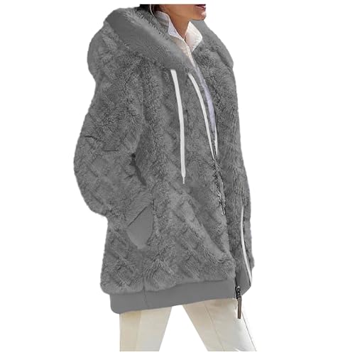 callmo Damen Fleecejacke mit Kapuze Plüschjacke mit Taschen Warme Reißverschluss Kapuzenjacke Mode Teddy Herbst Winter Winterjacke von callmo