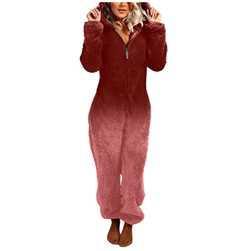 callmo Damen Jumpsuit Teddy Fleece Einteiler Overall Anzug Flauschig Einteiler Onesie Einteiler Onesie mit Kapuze rotem Ohr, Liebesärmeln,Langem Reißverschluss Loungewear Schlafoverall von callmo