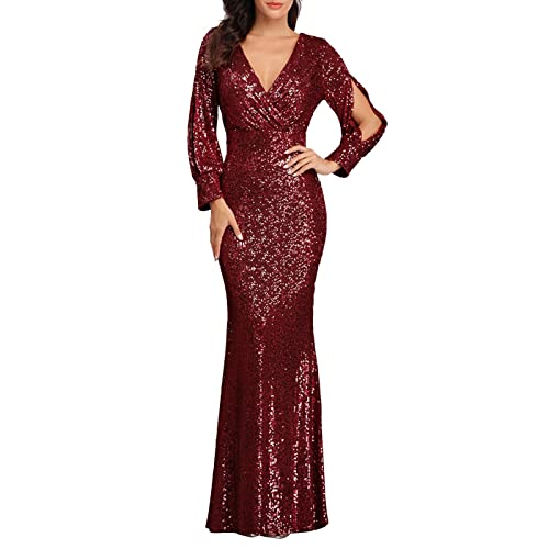 callmo Damen Kleider Elegant Kleid Winter Damen V-Ausschnitt Partykleid Elegant Glitzerkleid Club Outfits Cocktailkleider Glitzer Etuikleid mit Spitze Eng Pailletten Wickelkleid Langarm Minikleid von callmo