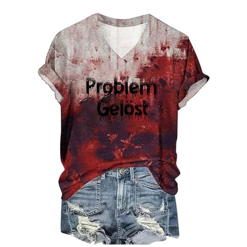 callmo Damen Problem Gelöst T-Shirt Halloween Casual Rundhalsausschnitt Oberteile Blutspritzer Muster Kurzarm Blusen Entsetzen Blutig Bedruckt Tops Übergröße von callmo