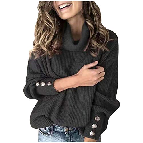 callmo Damen Rollkragen Pullover 2023 Herbst Winter Langarm Lose Strickpullover Casual Einfarbig Warm Gestrickt Sweatshirt Pulli mit Metallknöpfen von callmo