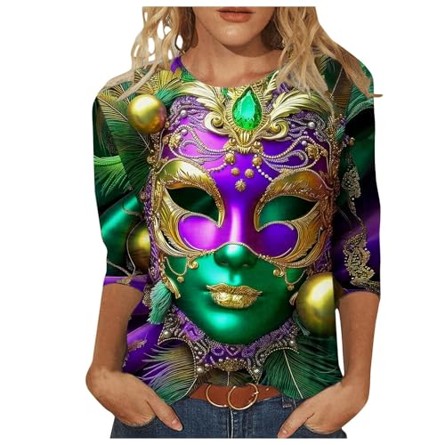 callmo Damen Shirt 3/4 Arm Festliche Blusen Shirts mit Maske Muster Druck Casual Oberteil Basic Tops Tshirt Locker Stretch Rundhals Langarmshirt Abend Party Club Damenblusen Oberteile Karneval Kostüm von callmo