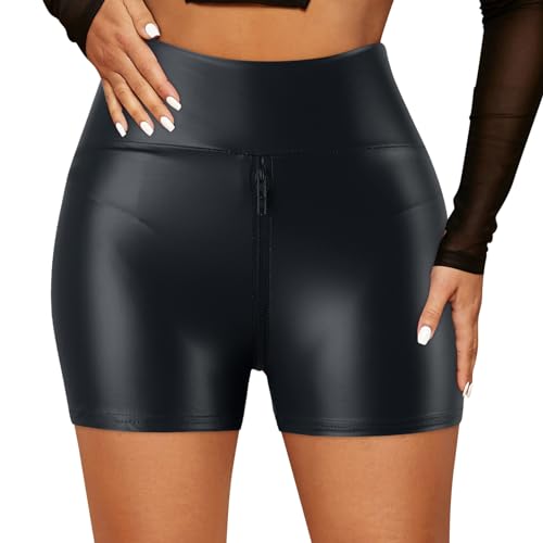 callmo Damen Shorts Hotpants PU Kunstleder Schwarz Mittlere Taille Mode Lässig Wochenende Micro Elastisch Kurz Komfort Einfarbig Damen Hotpants Shorts Einfarbige, enge, sexy Lederhose Tanzkurzschlüsse von callmo