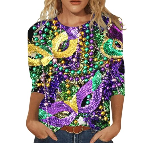 callmo Damen T-Shirt 3/4 Arm Oberteile Tops Bunte Druck Tunika Lose Rundhals Sommershirts 2024 Mode Maskerade Damenblusen Langarm Bluse Tshirt Cosplay Party Karneval Kostüm Faschingskostüme Damen von callmo