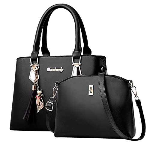 callmo Damen UmhäNgetasche,Handtasche Damen Handtaschen Damen Set Schwarz Damen Tasche Mit Geldbörse Taschen Damen für Büro Schule Einkauf Handtasche Damen Groß Mit Quasten von callmo