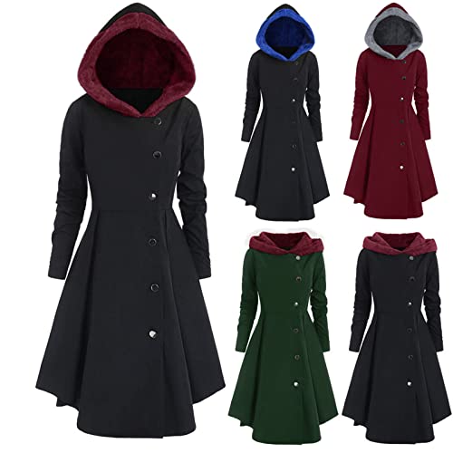 callmo Damen Winter Parka Lang Gothic Mittellange Hoodie Kleid Herbst Winter Wollmantel mit Kapuze Lange Knöpfen Wintermantel Retro Asymmetrisch Saum Mantel Party Kleid Vintage Kapuzenmantel von callmo