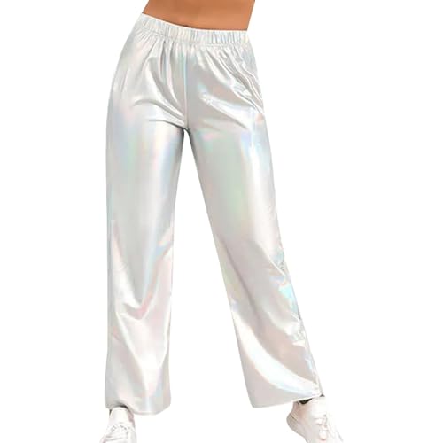 callmo Faschingskostüm Damen Metallic Glänzend Jogger Casual Holographische Farbe Streetwear Hosen Hip Hop Mode Glatte Elastische Hosen von callmo